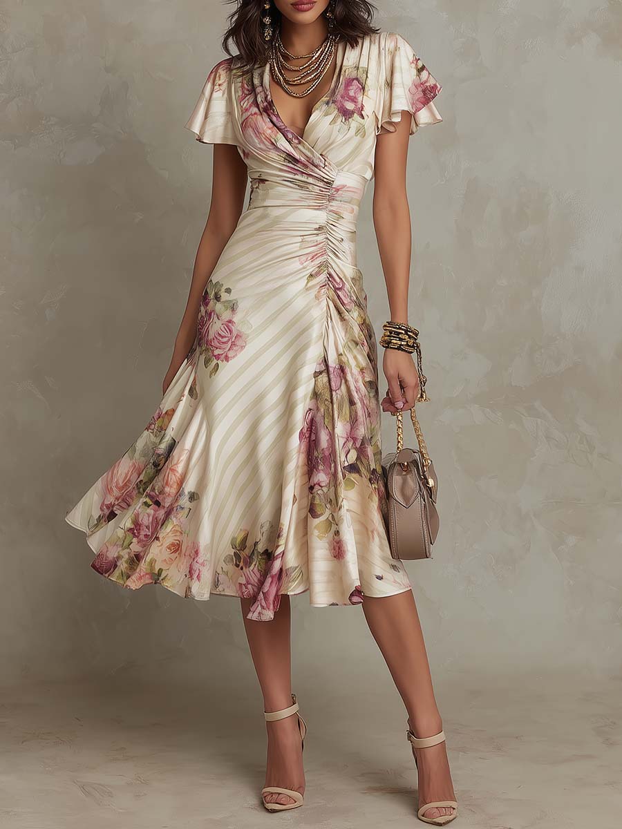 Estera de mujer con vestido midi floral de gasa elegante y femenino, diseñado por Warszawska Elegancja.