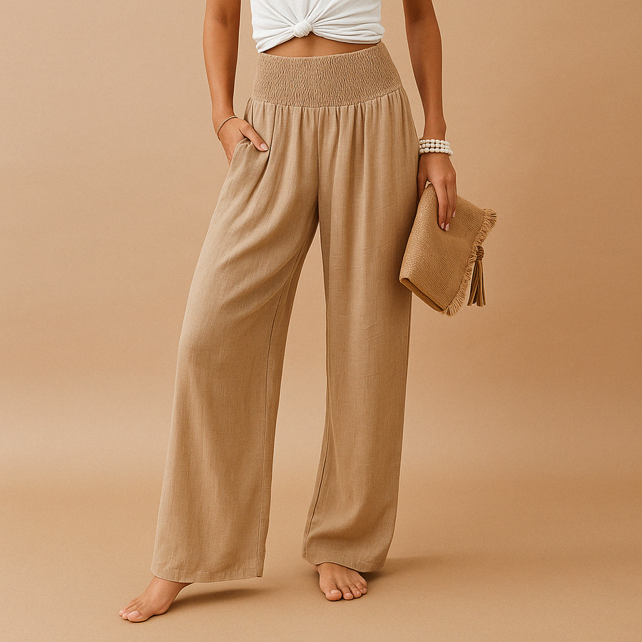 Pantalones de mujer de lino de Warszawska Elegancja con cinturilla elástica para uso todo el año, vista frontal.