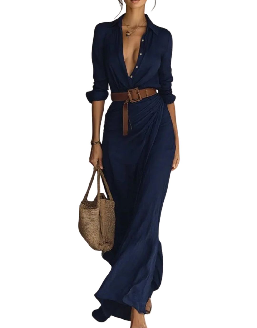 Vestido maxi elegante de Warszawska Elegancja, Amara, que resalta la silueta, con diseño sofisticado y detalles modernos.