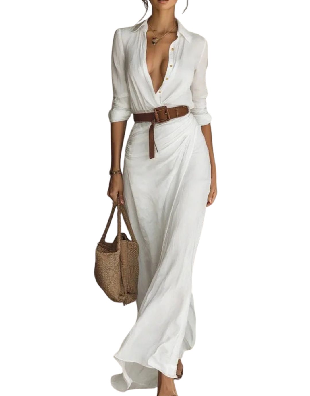 Vestido maxi elegante Amara de Warszawska Elegancja, muestra su diseño sofisticado y detalles en la imagen.