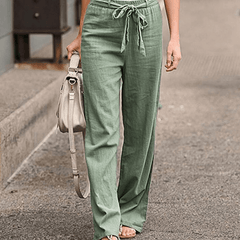 Pantalones relajados de algodón y lino para mujer con cordón y cinturilla elástica, en color neutro, de la marca Warszawska Elegancja.