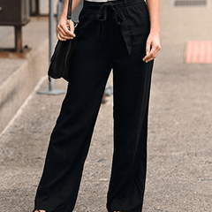 Pantalones relajados de algodón y lino para mujer con cordón y cinturilla elástica, de la marca Warszawska Elegancja.