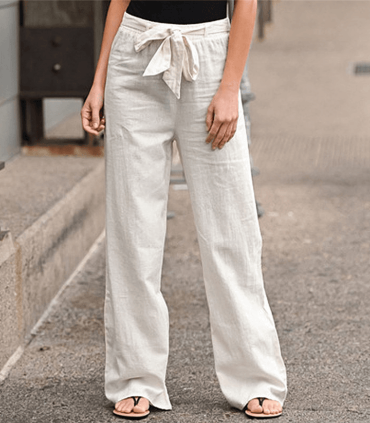 Pantalones relajados de algodón y lino para mujer con cordón y cinturilla elástica, marca Warszawska Elegancja.