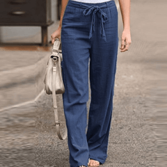 Pantalones relajados para mujer Joleen de Warszawska Elegancja, con cordón y cinturilla elástica, en tela de algodón y lino.
