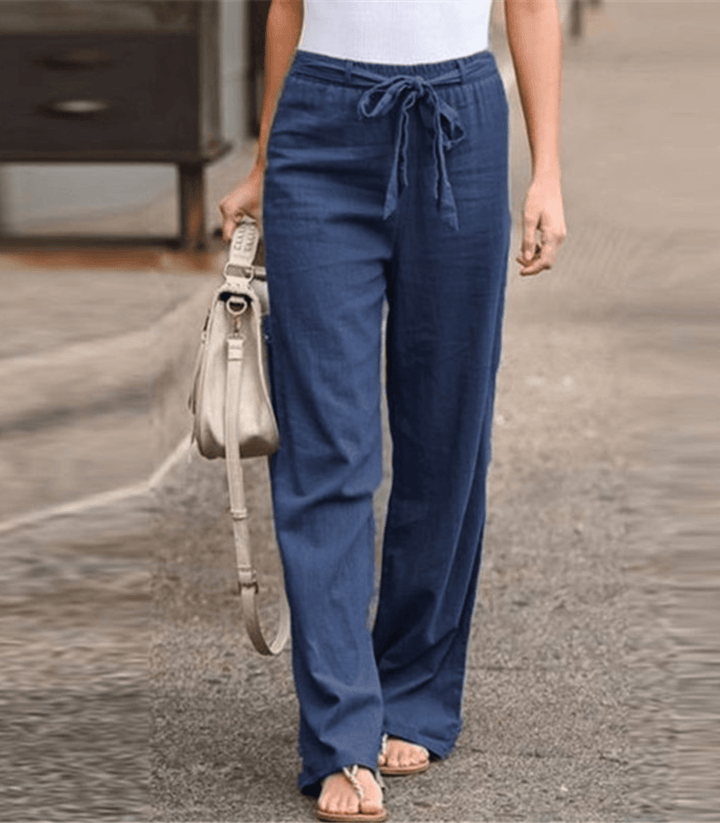 Pantalones relajados para mujer Joleen de Warszawska Elegancja, con cordón y cinturilla elástica, en tela de algodón y lino.