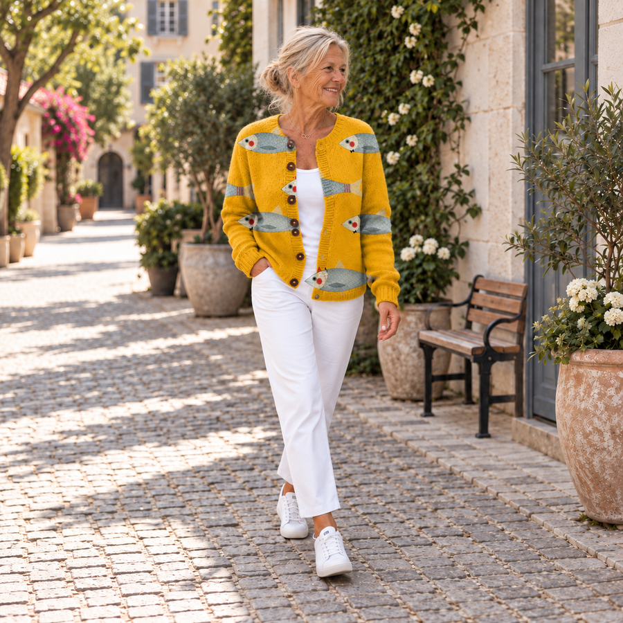 Suéter vintage Anouk™ de Warszawska Elegancja, cardigan tejido a mano en estilo clásico y elegante, en tonos neutros.