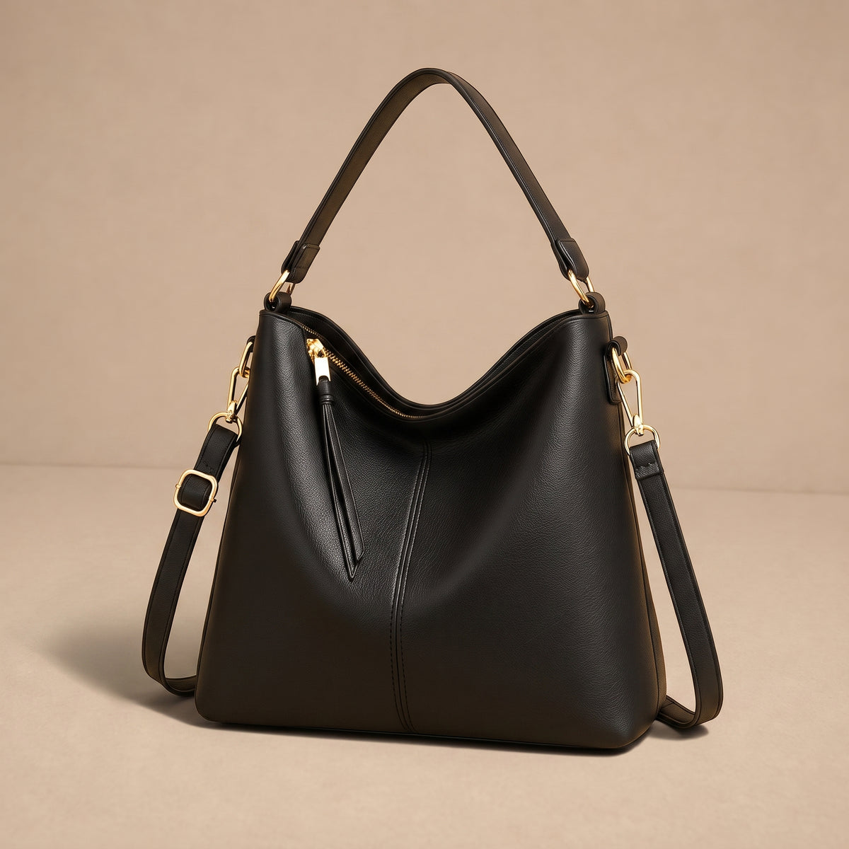 Bolsa hobo de cuero Justyna de Warszawska Elegancja, con asa larga y diseño elegante en color marrón.