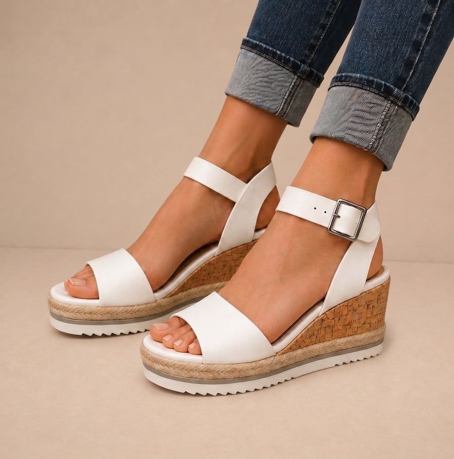 Sandalias elegantes Cassandra de Warszawska Elegancja con suela de plataforma en color neutro, vistas desde el lateral.